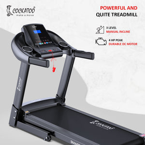 Cockatoo Smart Run 4.0 4HP Peak DC Motorized Treadmill for Home, with 3 Level Manual Incline, Max Speed 16 Km/Hr, Max User Weight 120Kg,(DIY, Do It Yourself Installation)