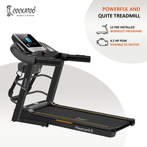 Cockatoo Flex Run4.5M 4.5HP Peak DC Motorized Treadmill for Home, with Massager & 3 Level Manual Incline, Max Speed 16 Km/Hr, Max User Weight 120Kg